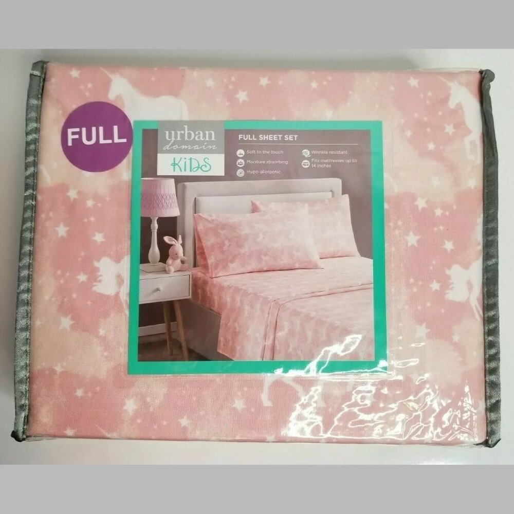 Urban Domain Kids FULL Unicorns Stars Sheet Set PINK Mythical Fantasy Girl NEW